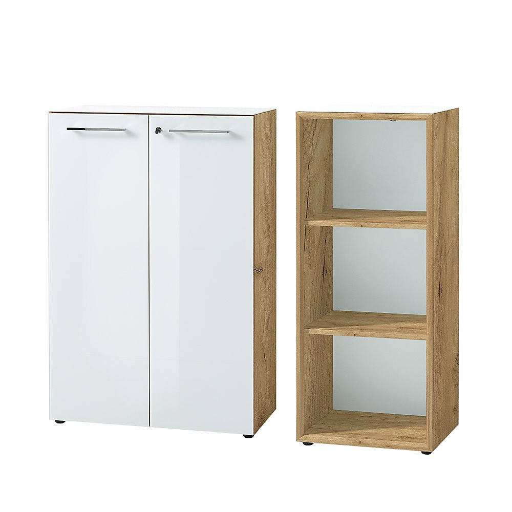 BÜRO-SET MUENCHEN 2-teilig | Kommode x Regal | Glas Front & Abschließbar | Chalet-Eiche-Nb./Weiß - Weiß, Holzwerkstoff/Metall (145/120/37cm) - KADIMA DESIGN