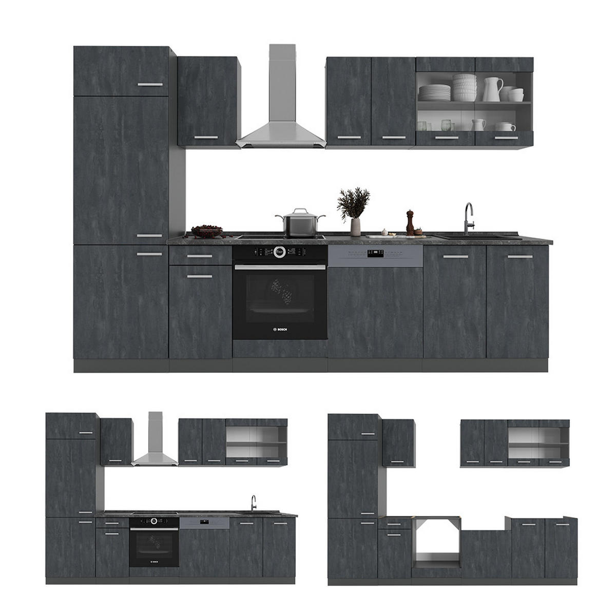 KÜCHENZEILE R-Line Schwarz Beton/Anthrazit 300 cm AP Anthrazit - Anthrazit/Schwarz, Holzwerkstoff (300/81.6/60cm) - Vicco
