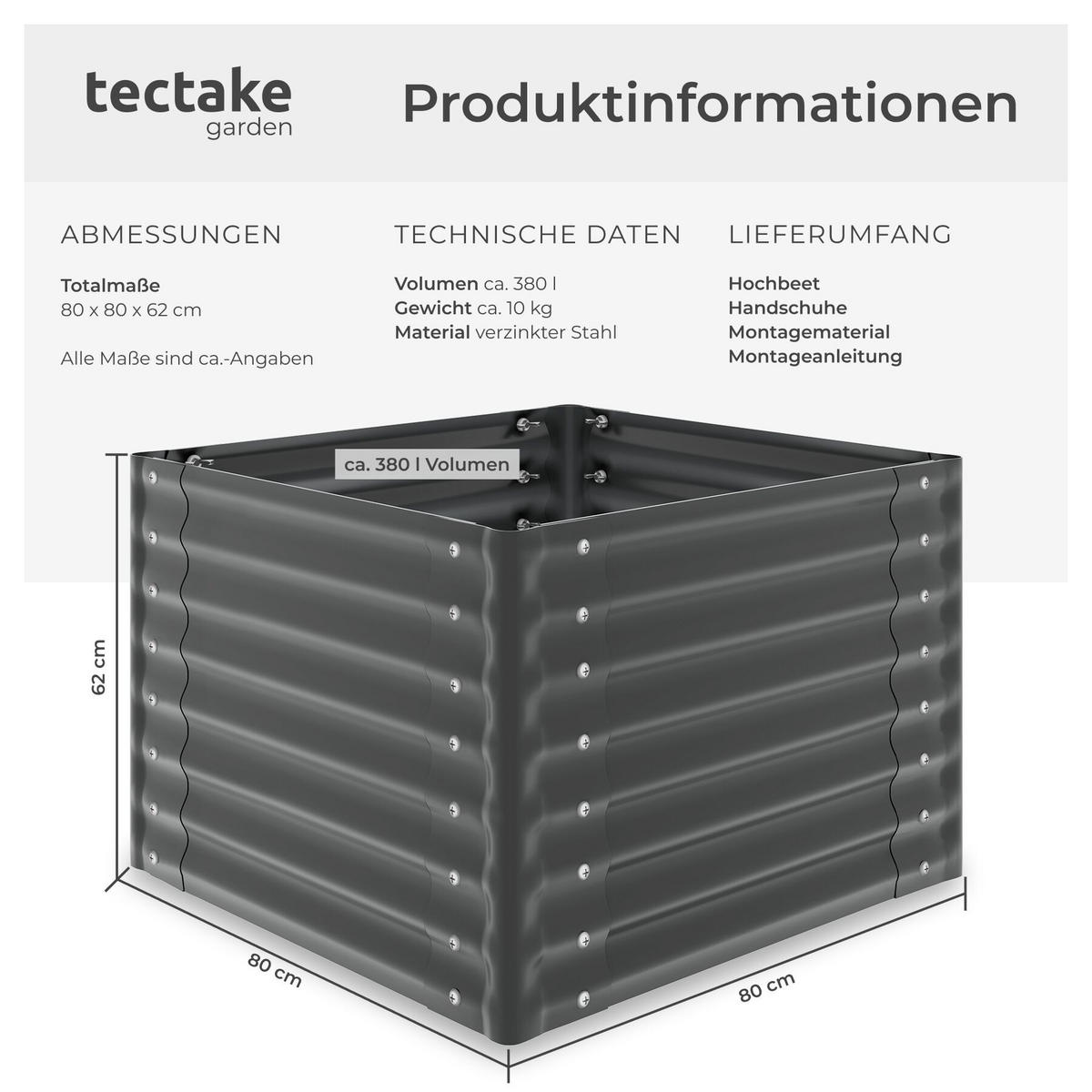 HOCHBEET Salvia, verzinkt, 80 x 80 x 62 cm, 380 l, inkl. Handschuhe, grau - Grau, Metall (80/62/80cm) - tectake