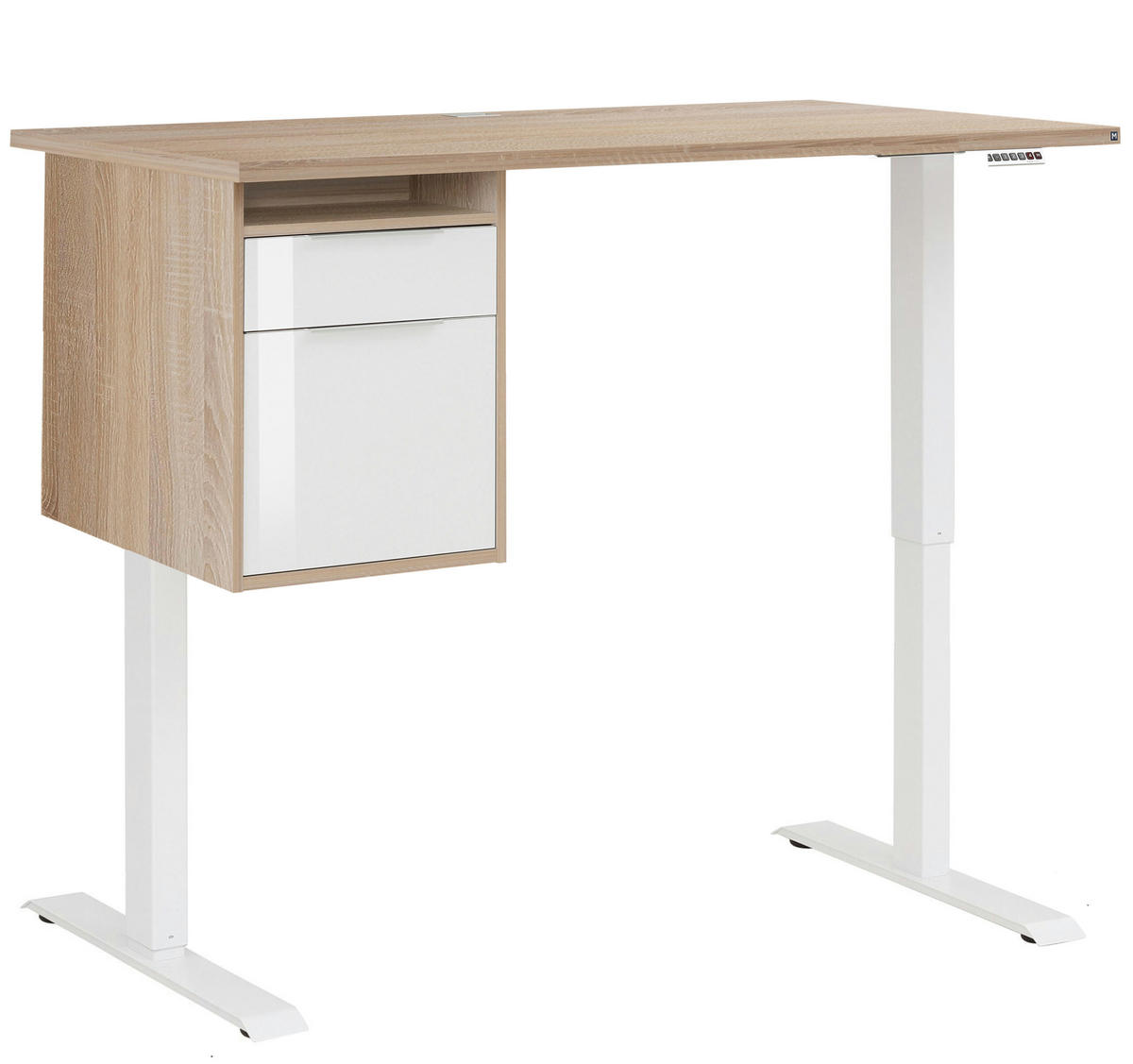 SCHREIBTISCH mit Hängecontainer Weiß und Eiche Sonoma 150x80cm, elektrisch höhenverstellbar – von MAJA Möbel – Container links - Weiß, Holzwerkstoff (80/150/70.5cm)
