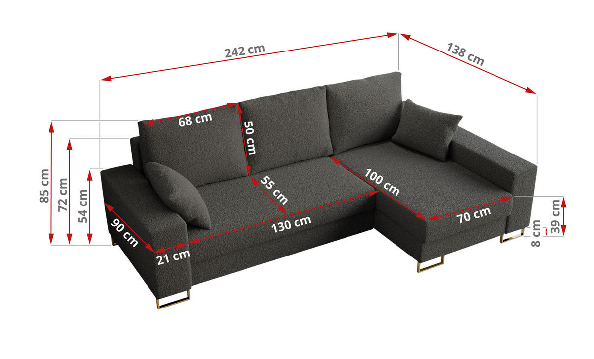 ECKSOFA Dorian Boucle Dunkelgrau - Dunkelgrau/Goldfarben, Textil/Metall (242/138cm) - MKS