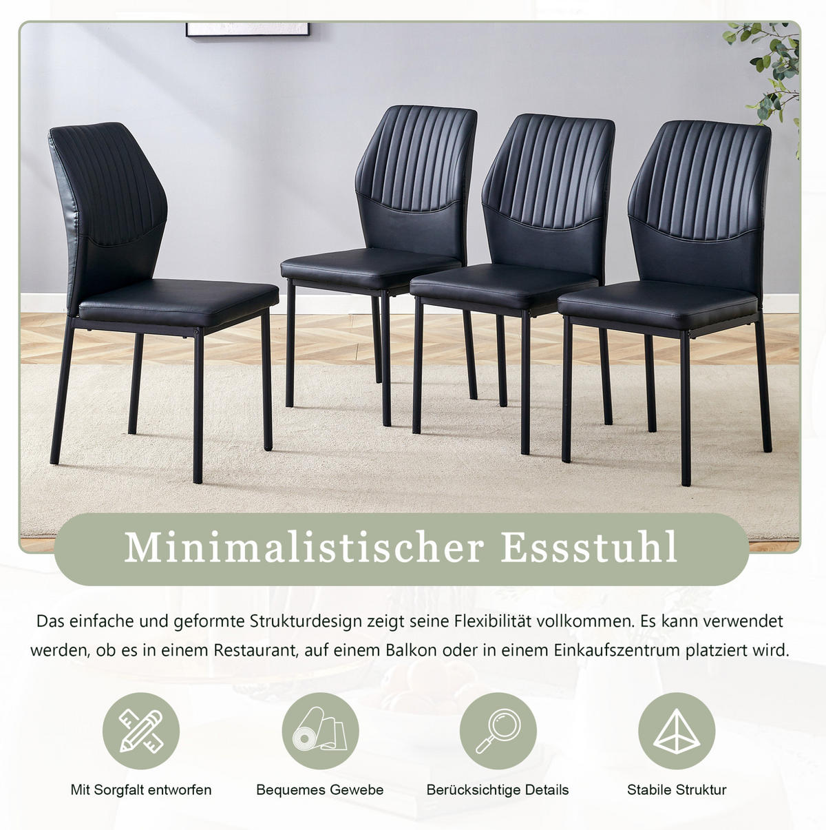 ESSZIMMERSTUHL 4er-Set mit PU-Bezug Schwarz - Schwarz, Metall (42.6/93/43cm) - Meubliv