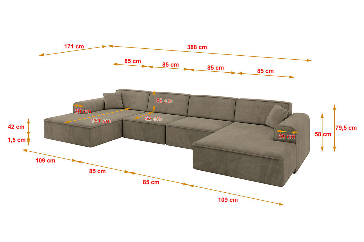 WOHNLANDSCHAFT IREA-U2-v3 - 388x171x79 cm Braun - Braun, Holzwerkstoff/Textil (388/79/171cm) - ALTDECOR
