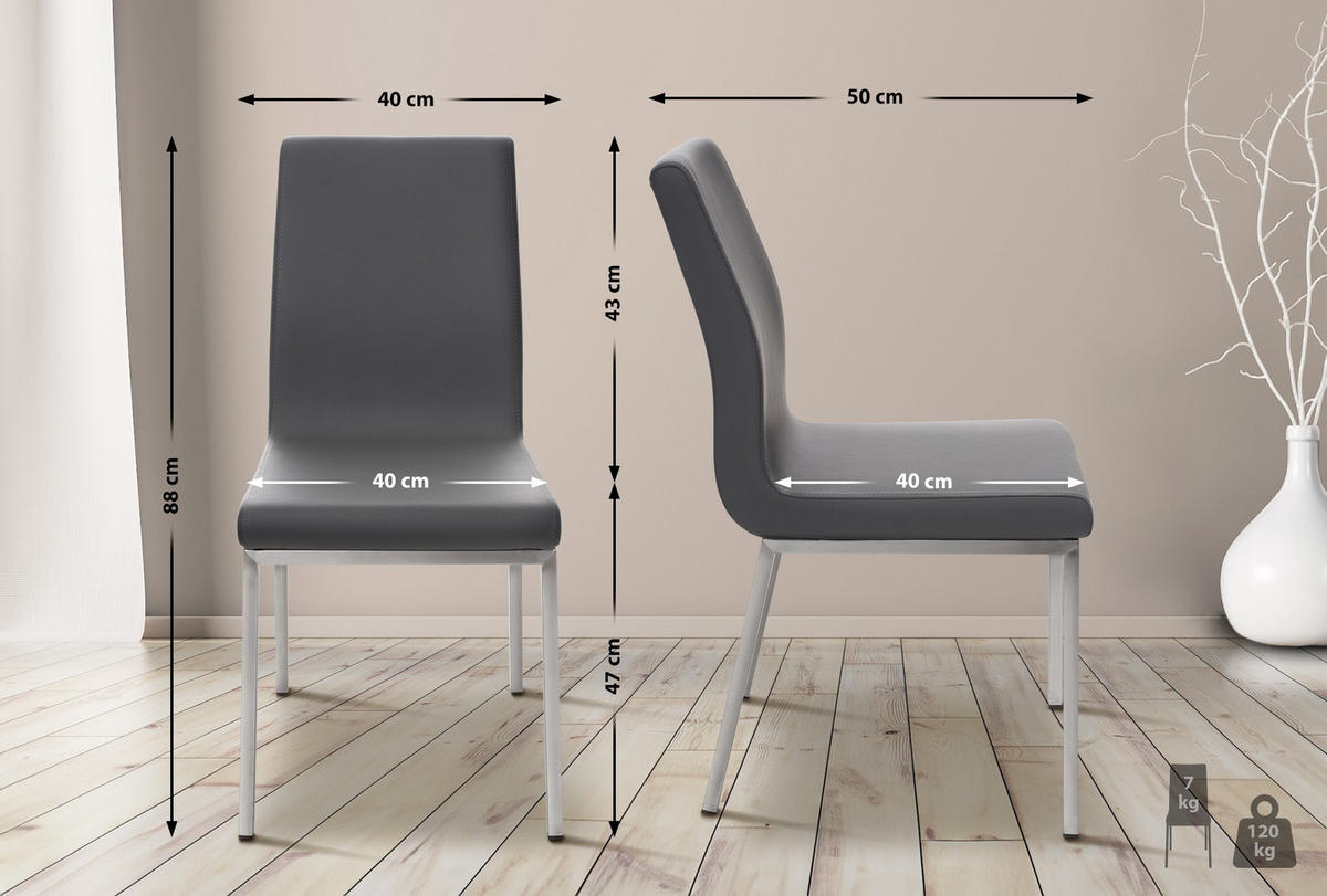 ESSZIMMERSTUHL Colmar 88x40x50 cm grau - Grau, Leder (40/88/50cm) - furnicato