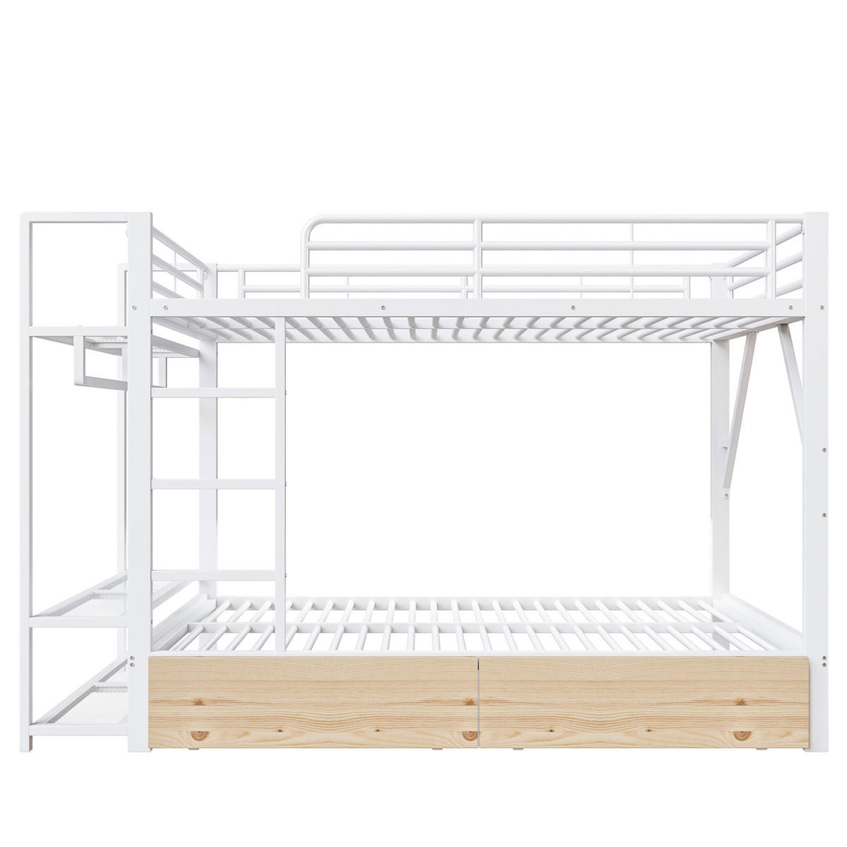 ETAGENBETT aus Metall und MDF 140x200 cm Weiß mit LED-Lichtleiste, 2 Schubladen, Regalen und Kleiderstange - Weiß, Metall (140/200cm) - Modfu