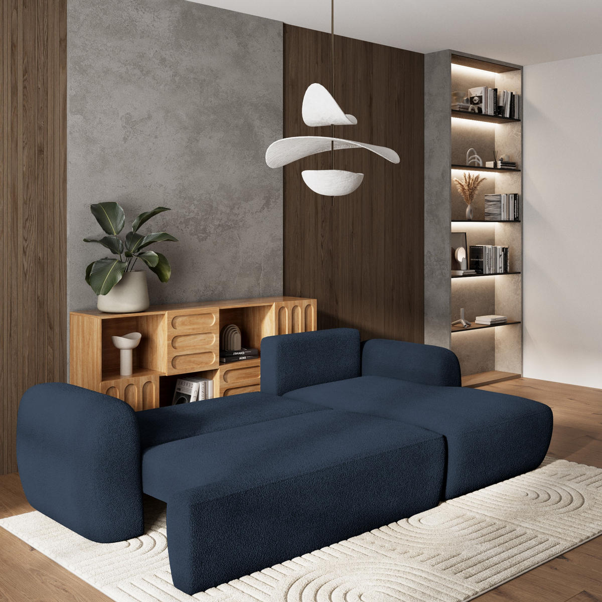 ECKSOFA MODENZA N R-S Blau Boucle-Stoff mit Schlaffunktion - Blau, Holz (266/148cm) - MASSENO
