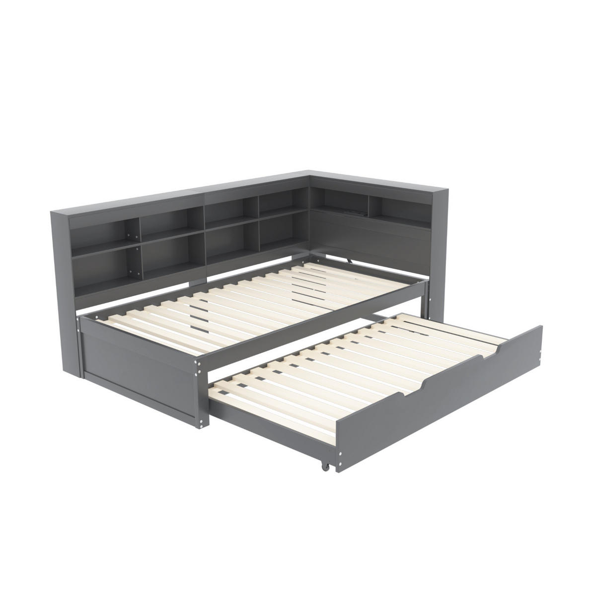 HOLZBETT 90/200 cm mit Ausziehbett, USB und Stauraum in Grau - Grau, Holz (90/200cm) - BEAOK