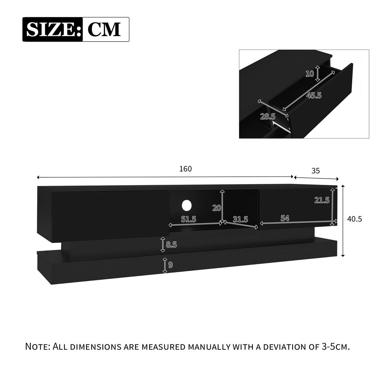 TV-LOWBOARD aus Spanplatte 160x35x40,5 cm Schwarz mit LED-Beleuchtung, 2 Schubladen und App-Steuerung - Schwarz, Holzwerkstoff (160/40.5/35cm) - IVMEU