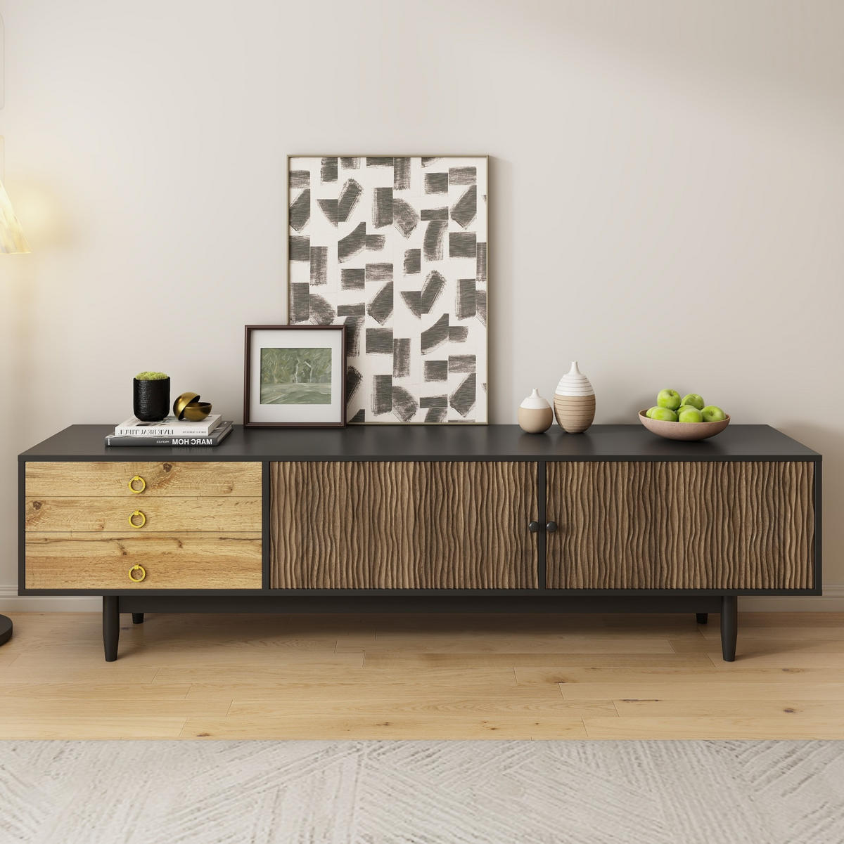 TV-SCHRANK in Schwarz und Natur mit 2 Türen und 3 Schubladen 180/38/50 cm - Eichefarben, Holzwerkstoff (180/38/50cm) - Redom