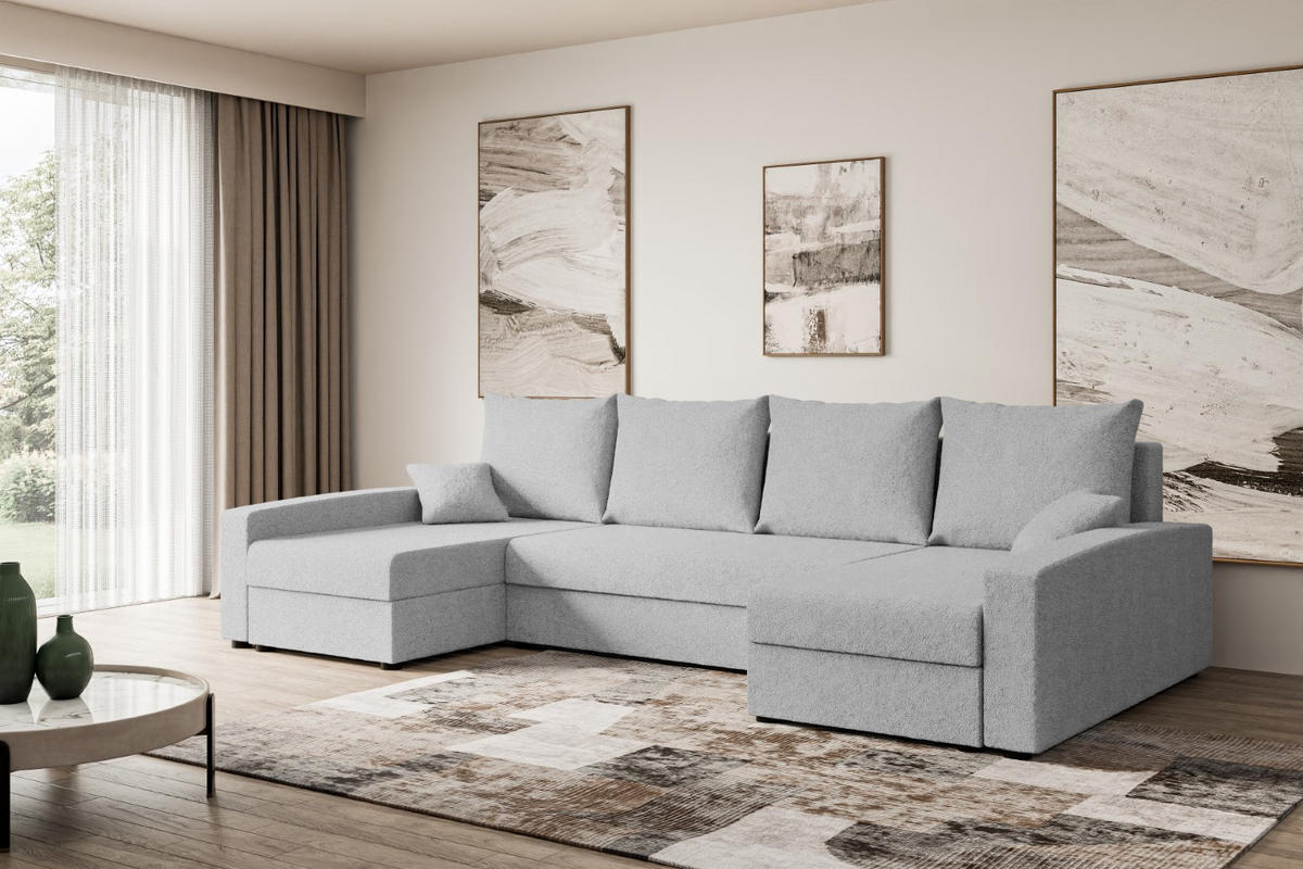 WOHNLANDSCHAFT mit Schlaffunktion und Bettkasten ALESIA-U 301x140x90 cm Grau Bouclé - Silberfarben/Hellgrau, Holzwerkstoff/Kunststoff (301/90/140cm) - ALTDECOR
