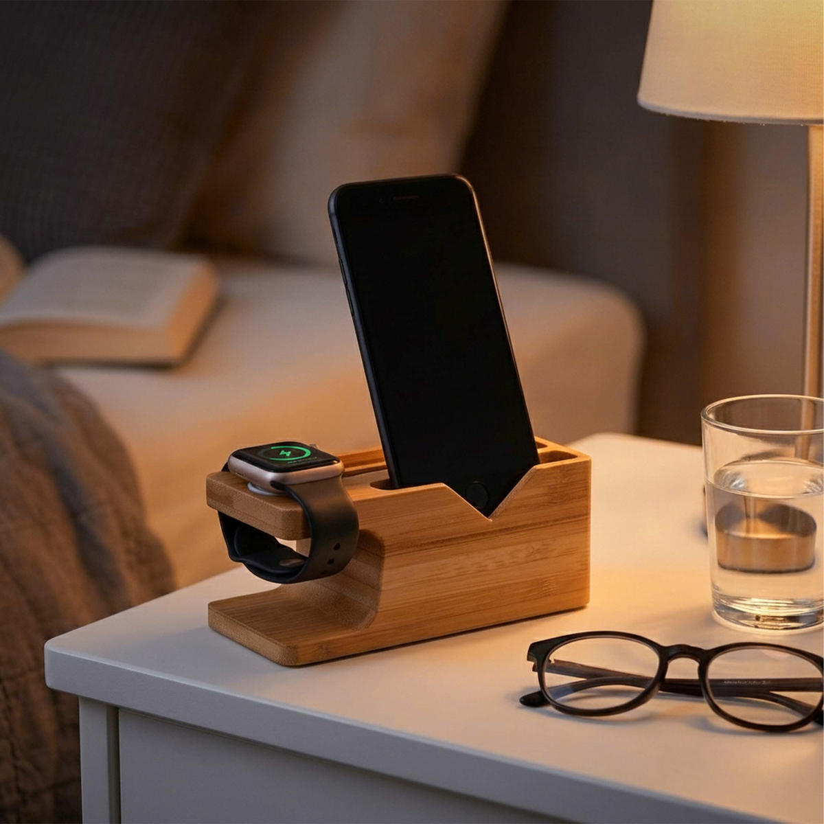 LADDSTATION natur bambu för smartphone och smartwatch 6x14x6,5 cm - Ljusbrun, Trä (6.5/14/6cm) - Relaxdays