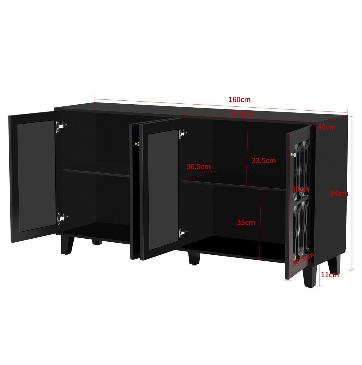 SIDEBOARD 160/40/84 cm mit 4 Türen in Schwarz mit Spiegeloptik - Schwarz, Holzwerkstoff (160/84/40cm) - BEAOK
