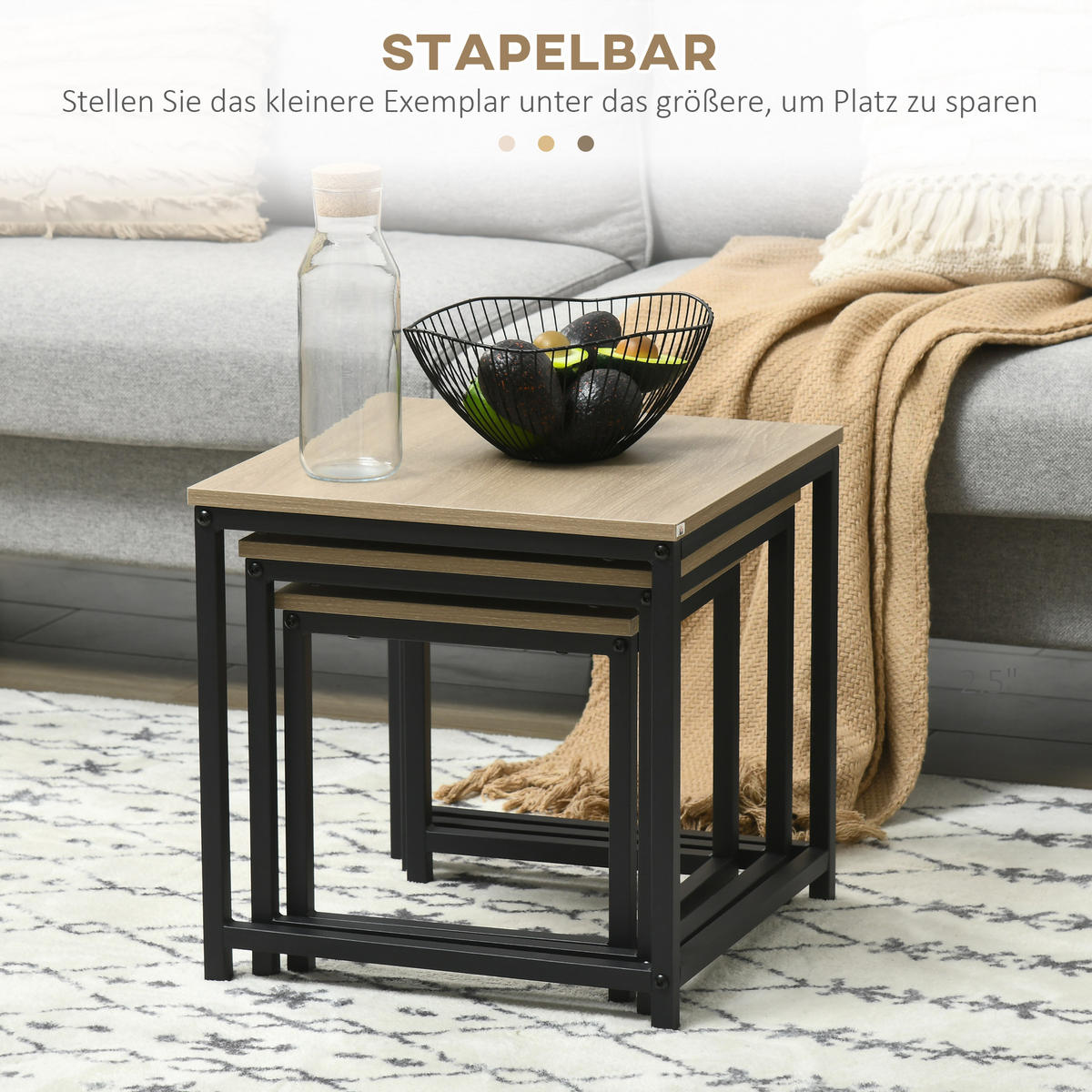 COUCHTISCH 3er-Set Beistelltisch, Satztisch, Sofatisch mit Holzoptik, Stahl - Naturfarben, Holzwerkstoff/Metall (45/45/44cm) - HOMCOM