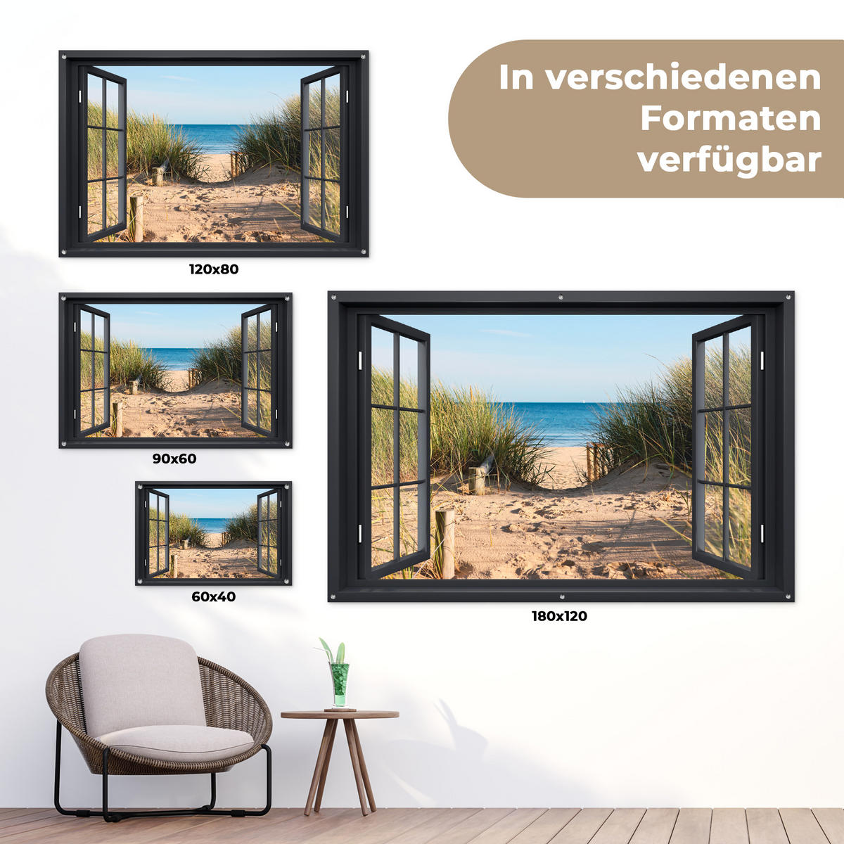 ZAHRADNÍ PLAKÁT Průhled - Pláž - Moře - Písek - Voda - Plážová tráva - Duny 90x60 cm - písková barva, plast (90/60/0.2cm) - OnlyWow