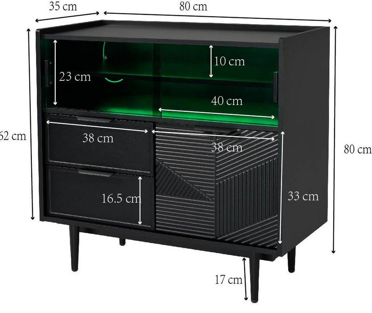 SIDEBOARD 80/35/80 cm Schwarz aus MDF mit LED-Lichtleiste - Schwarz, Holzwerkstoff (35/80/80cm) - OKMYHOME