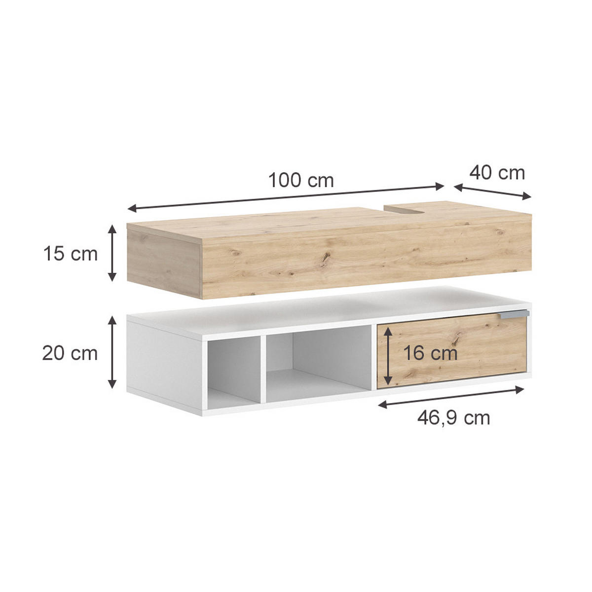 WASCHBECKENUNTERSCHRANK Henri Weiß 100 x 15 cm mit Schublade - Weiß/Eiche Artisan, Holzwerkstoff (100/15/40cm) - Vicco