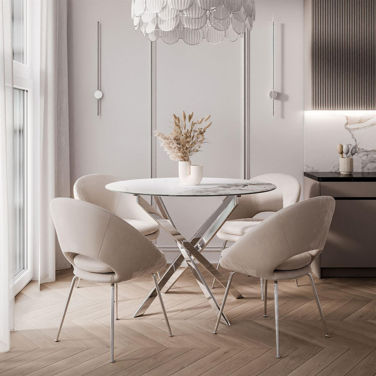  ESSTISCH BEIRA Runder Tisch 90 cm mit Keramikplatte und Chrom Tischbeine - Chromfarben/Silberfarben, Metall (90/90/72cm) - Lookway