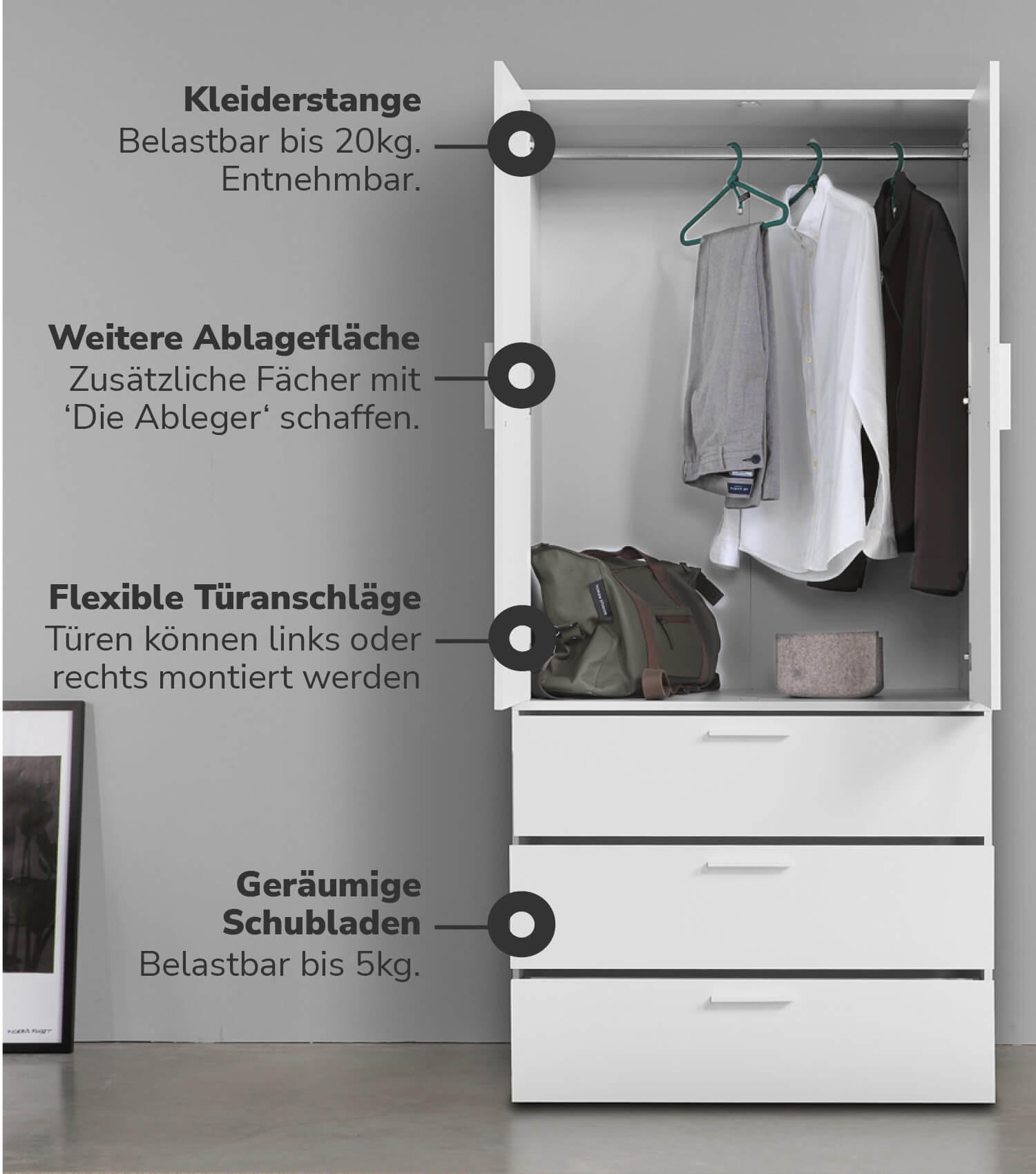 KLEIDERSCHRANK Der Grenzenlose - Weiß, Holzwerkstoff (90/187/58cm) - Mokebo