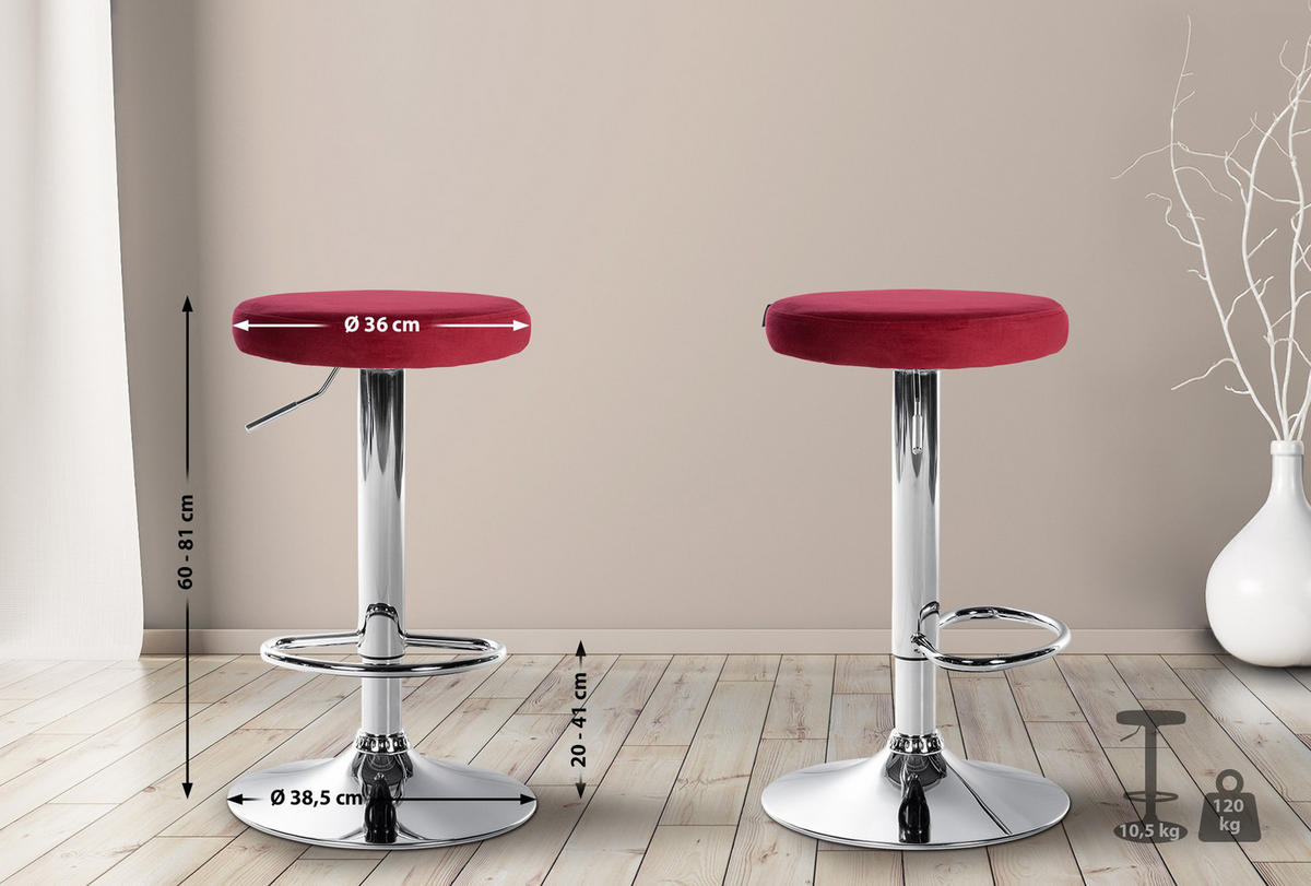 BARHOCKER 2er Set Pontius Samt chrom rot - Chromfarben/Rot, Textil/Metall (38.5/81/38.5cm) - TPFLiving