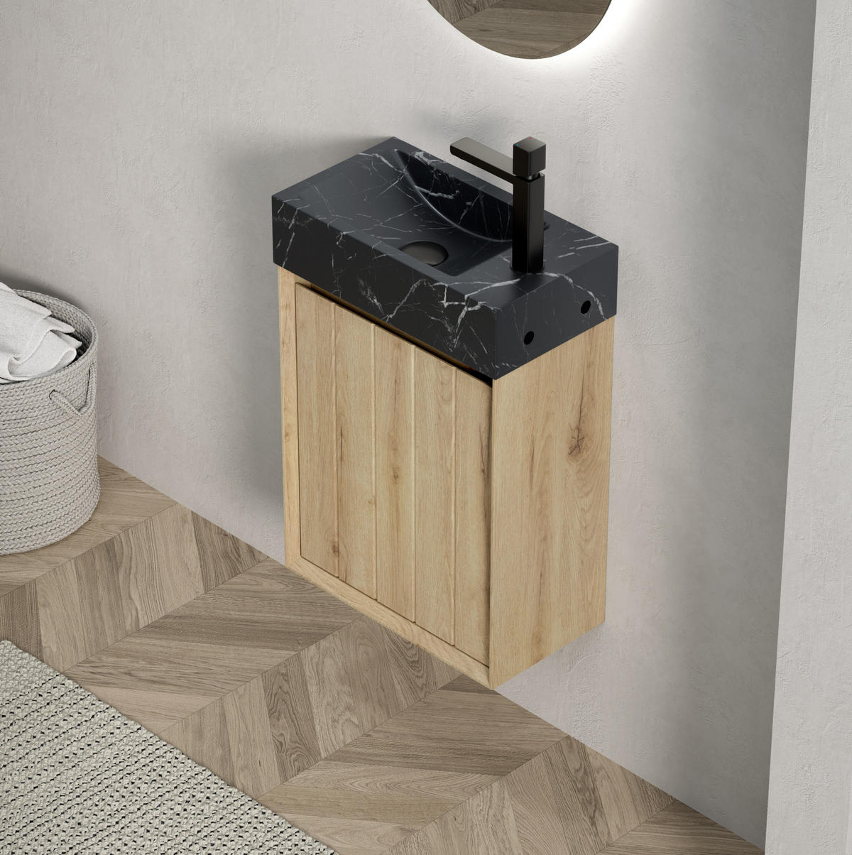 WASCHTISCHKOMBI 40/22/58 cm schwarz/off-white aus Marmor mit Sperrholz-Unterschrank - Eichefarben, Holzwerkstoff (40/58/22cm) - OKWISH