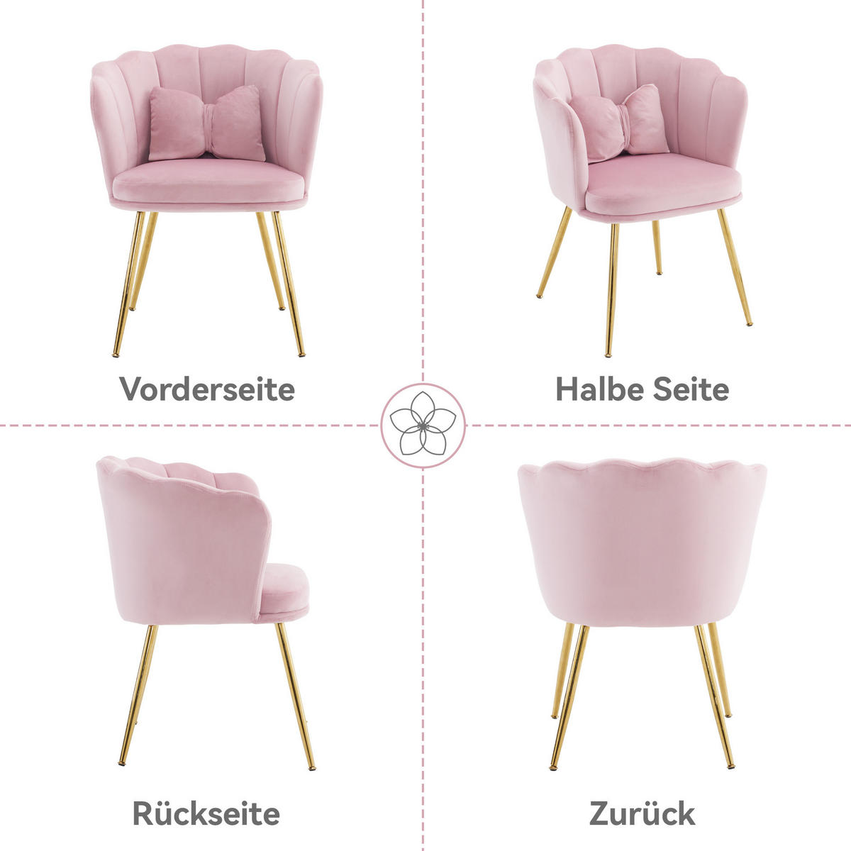 SESSEL 68x78x94.5 cm in Pink, Samt mit Blütenblatt-Rückenlehne, Metallbeine - Pink, Textil (58/77/63cm) - Modfu