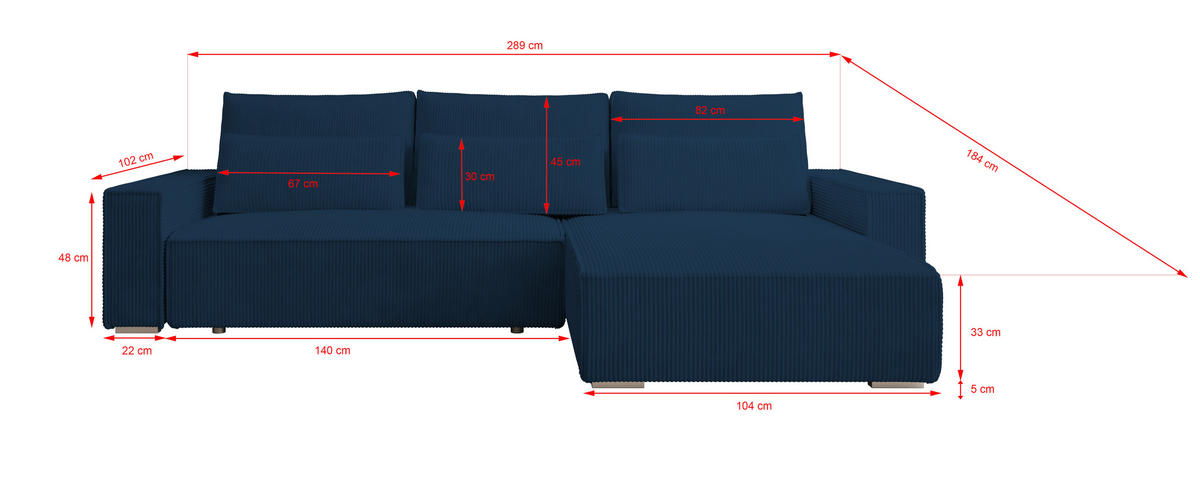 ECKSOFA Alice mit Bettkasten und Schlaffunktion, Cordstoff in L-Form - Blau, Textil (289/184cm)