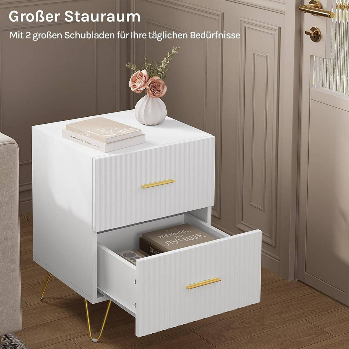 NACHTTISCH 2er Set, mit vertikalen Linien, Weiß+Golden - Goldfarben/Weiß, Holzwerkstoff/Metall (40/53/35cm) - Woltu