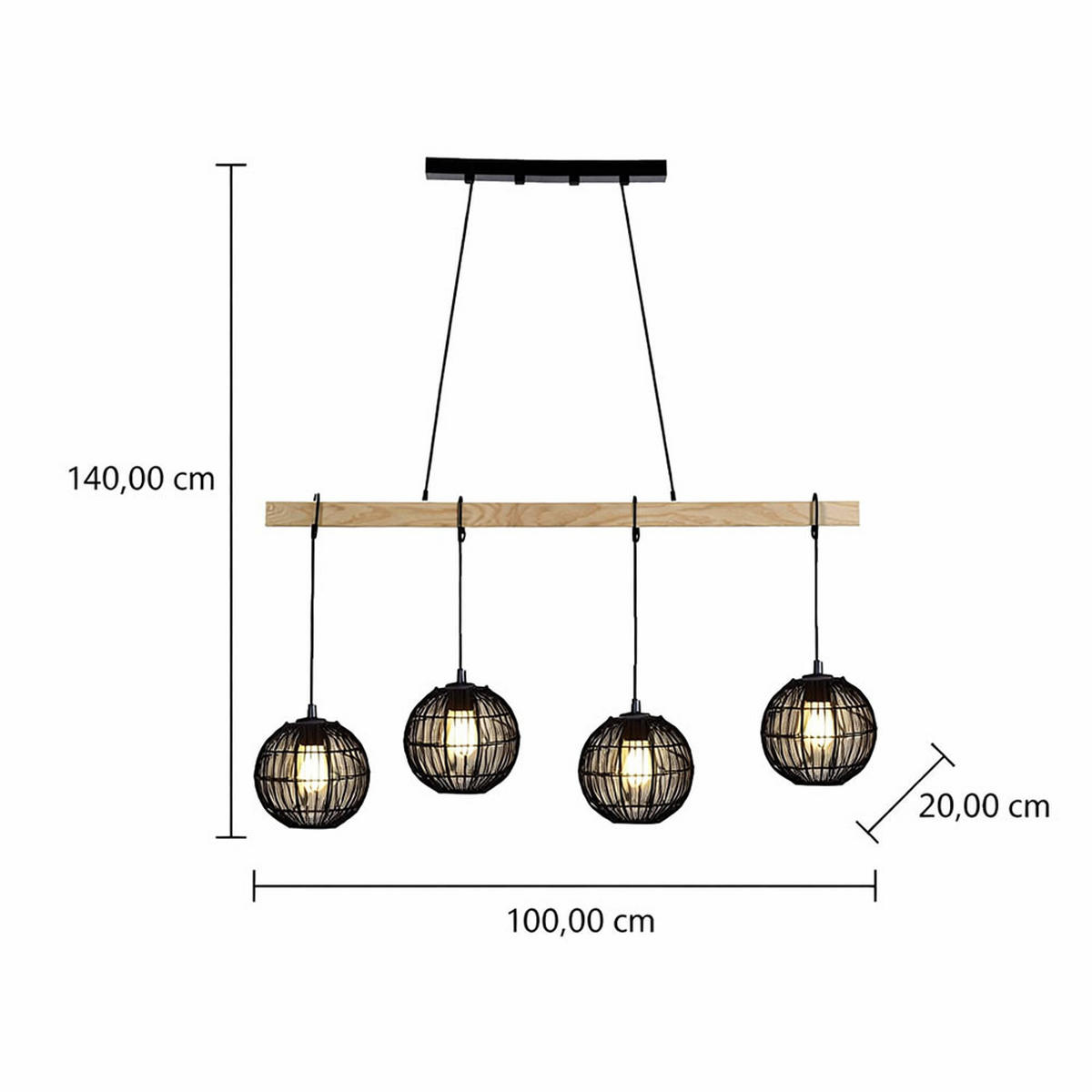 LED HÄNGELEUCHTE Metall Schwarz Holz 4 Flammig - Schwarz, Holz (100/20/140cm) - Globo Lighting