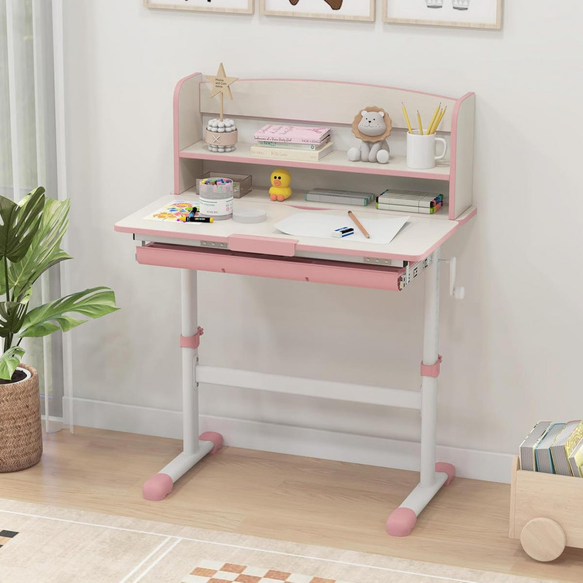 KINDERSCHREIBTISCH Höhenverstellbarer rosa - Pink, Metall (80/81.5/51cm) - COSTWAY