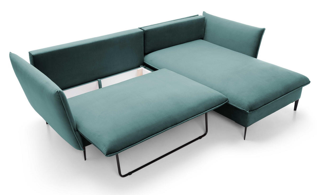 ECKSOFA Flavio mit Schlaffunktion, Bettkasten 260 cm, Rechts, Türkis - Türkis, Holz (167/258cm) - Emporius