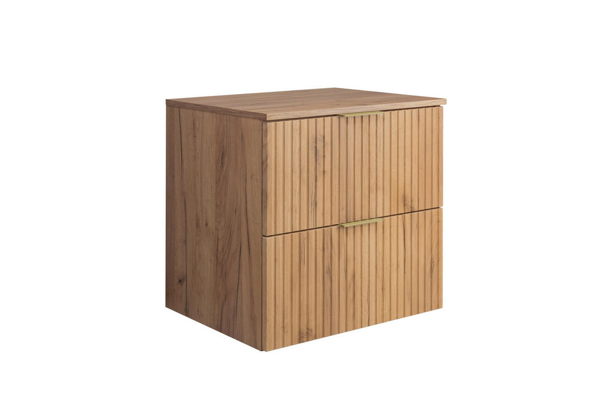 WASCHBECKUNTERSCHRANK, Eiche Craft, 60 x 57 x 46 cm, goldener Griff + Arbeitsplatte - Eichefarben/Goldfarben, Holzwerkstoff (60/57/46cm) - 3XE LIVING