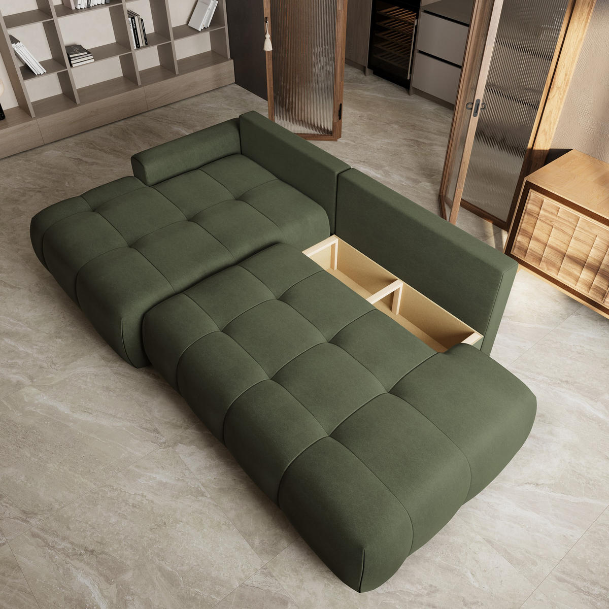 ECKSOFA FLUMA CL L-S Olivgrün Samtstoff mit Schlaffunktion - Olivgrün, Holzwerkstoff/Textil (279/158cm) - MASSENO