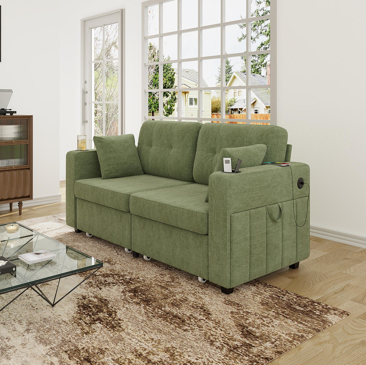 2-SITZER-SOFA 172/75/82 cm mit USB-Anschlüssen, Stauraumschubladen, Getränkehaltern und Seitentaschen, Olive - Salbeigrün, Textil (172/82/75cm) - Redom