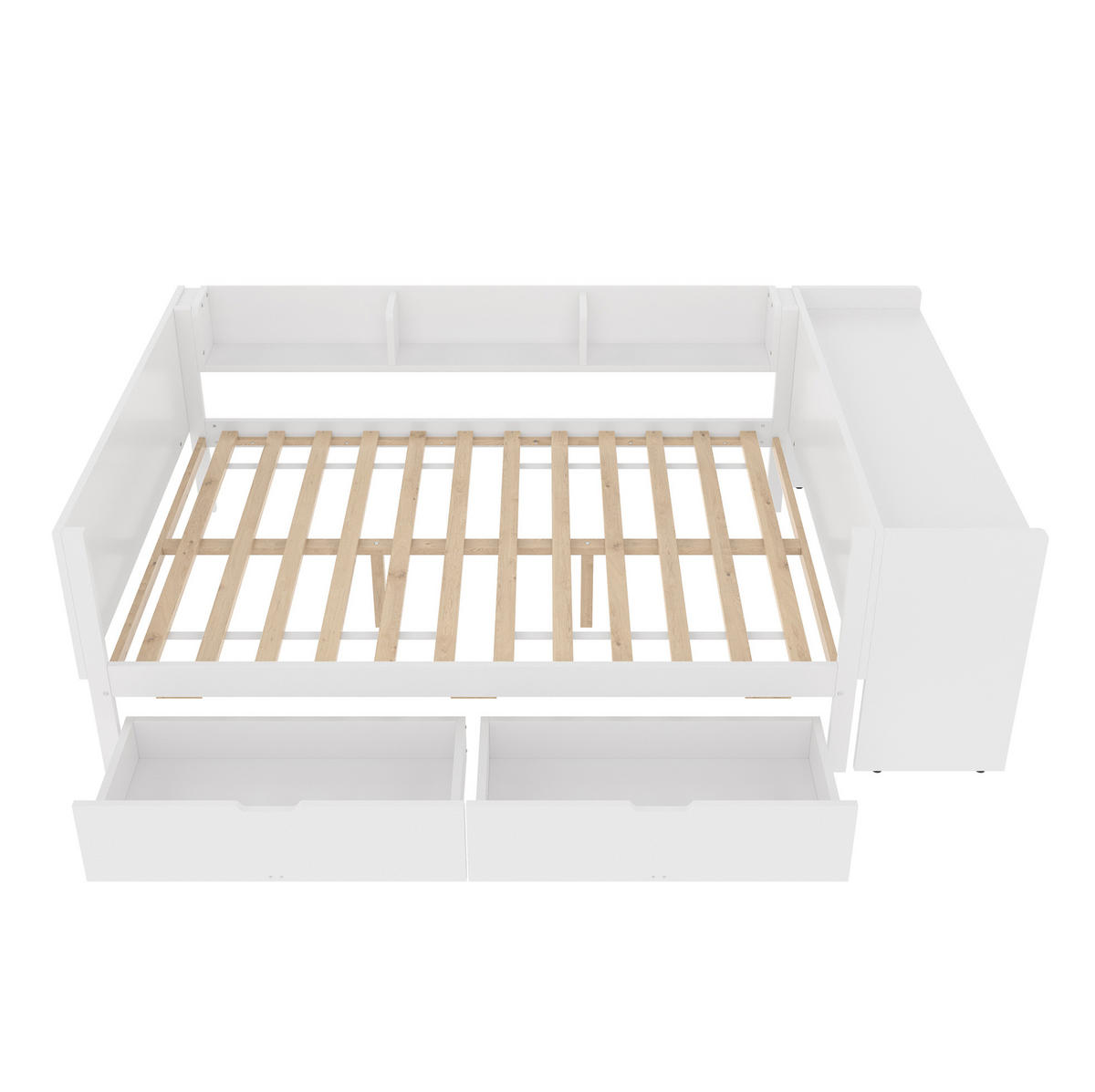 BETT 140/200 cm mit Schreibtisch, 2 Schubladen und 3 Regalen aus Kiefern und Spanplatte, Weiß/Rosa - Weiß, Holzwerkstoff (140/200cm) - Redom
