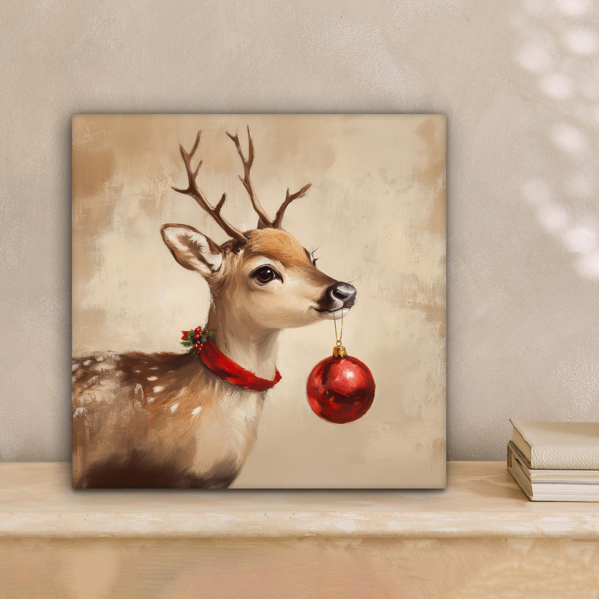 LEINWANDBILD Weihnachten - Hirsch - Geweih - Weihnachtskugel - Rentier Deko Wohnzimmer 20x20 cm - Hellbraun, Textil (20/20cm) - MuchoWow