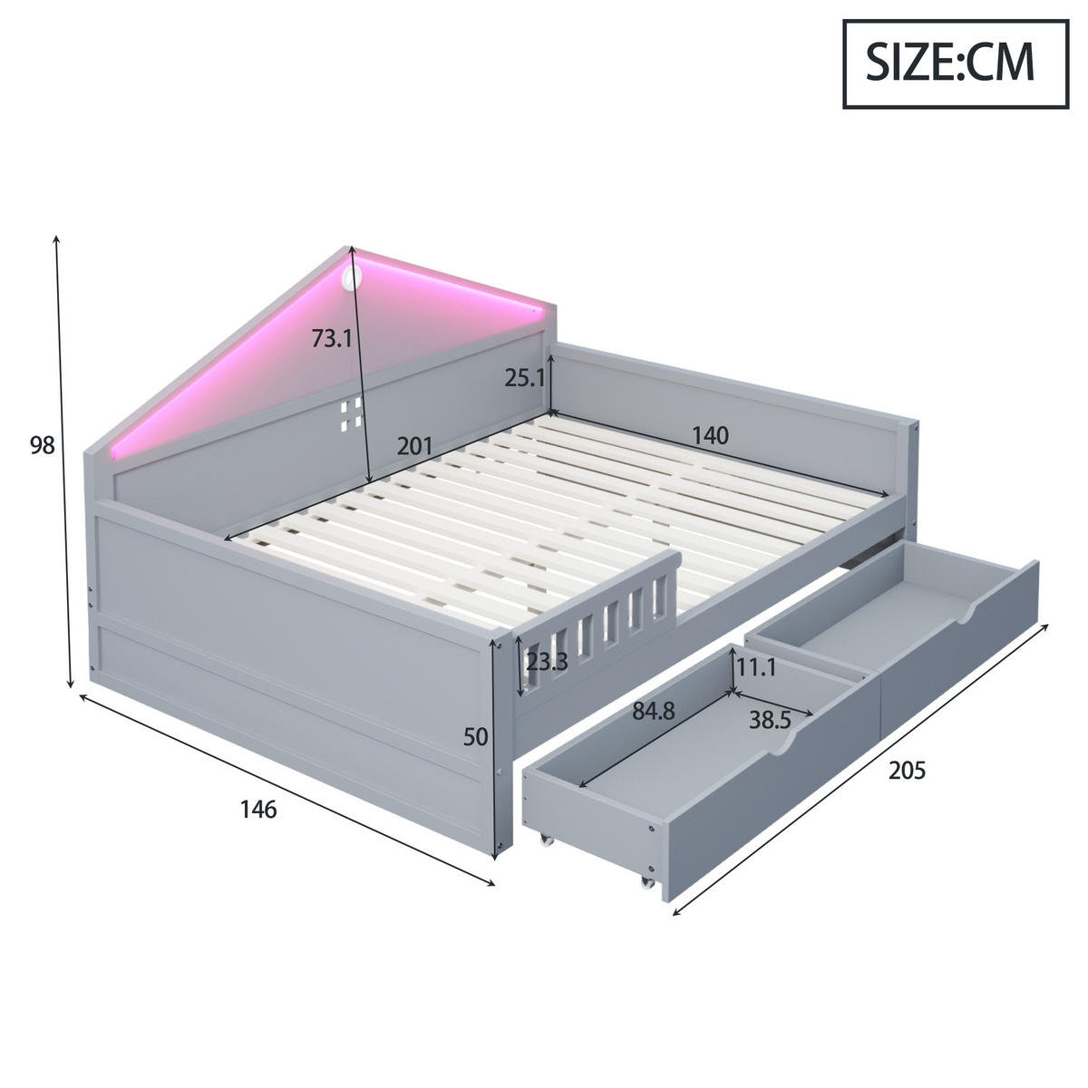 BETT 140/200 cm in Grau aus Massivholz und MDF mit Schubladen und LED - Grau, Holz/Holzwerkstoff (140/200cm) - WISHDOR
