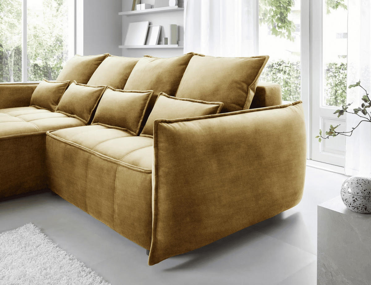 ECKSOFA mit Schlaffunktion und Bettkasten - Gelb, Textil (265/196cm) - Eltap
