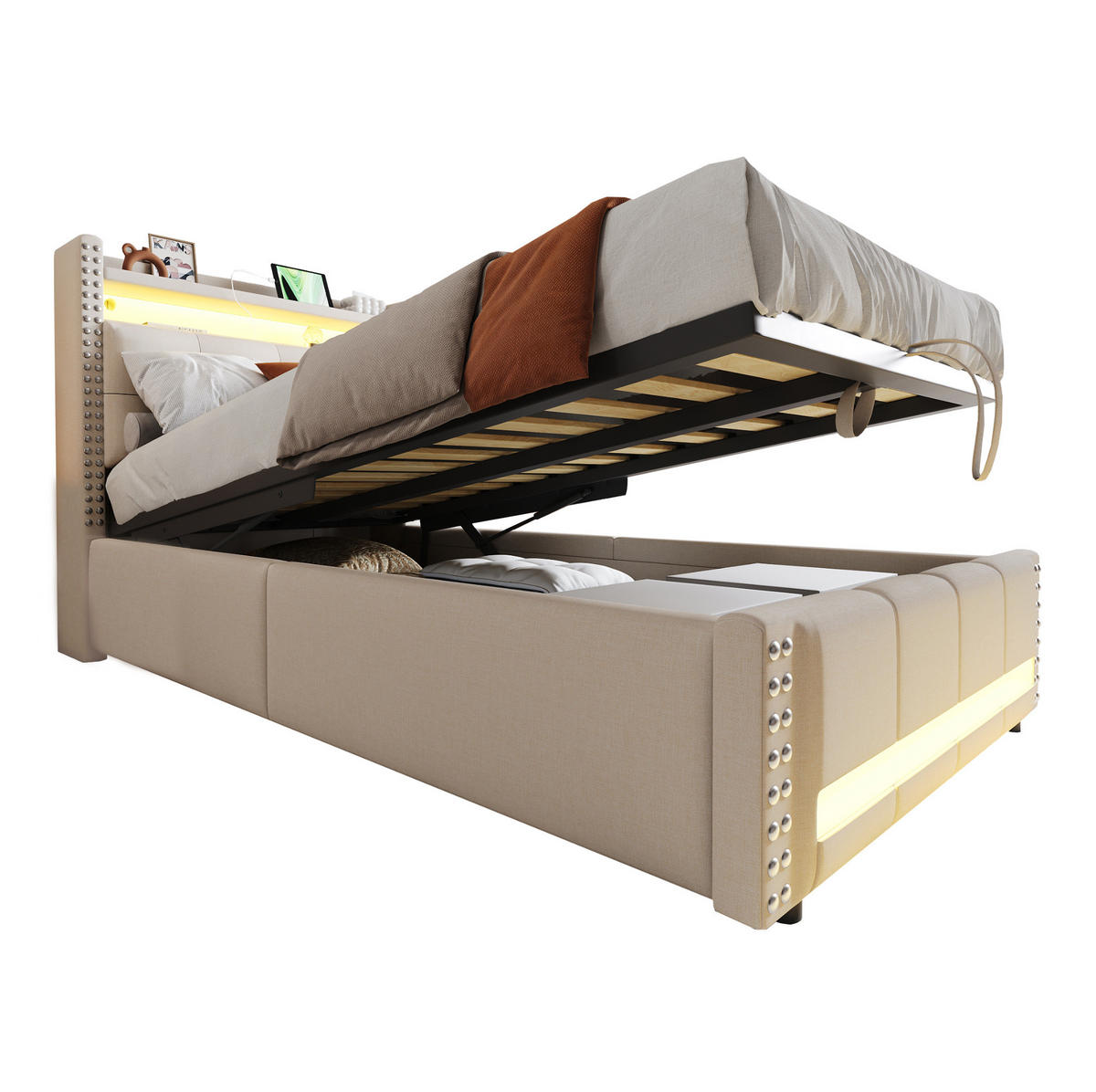 POLSTERBETT 90/200 cm Beige mit Stauraum, LED-Beleuchtung und USB-Anschluss - Beige, Textil (90/200cm) - Flora Grace
