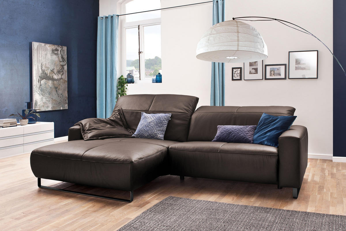 ECKSOFA MIT SITZTIEFENVERSTELLUNG YORK Sonoma Trüffel Dekor Leder - Schwarz/Sonoma Eiche, Leder (284/180cm) - KAWOLA
