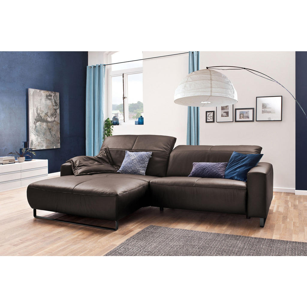 Thumbnail - Kawola Ecksofa, Sonoma Eiche, Schwarz, Leder, Echtholz, 3-Sitzer, Füllung: Komfortschaum, Ottomane links, L-Form, 284x18...