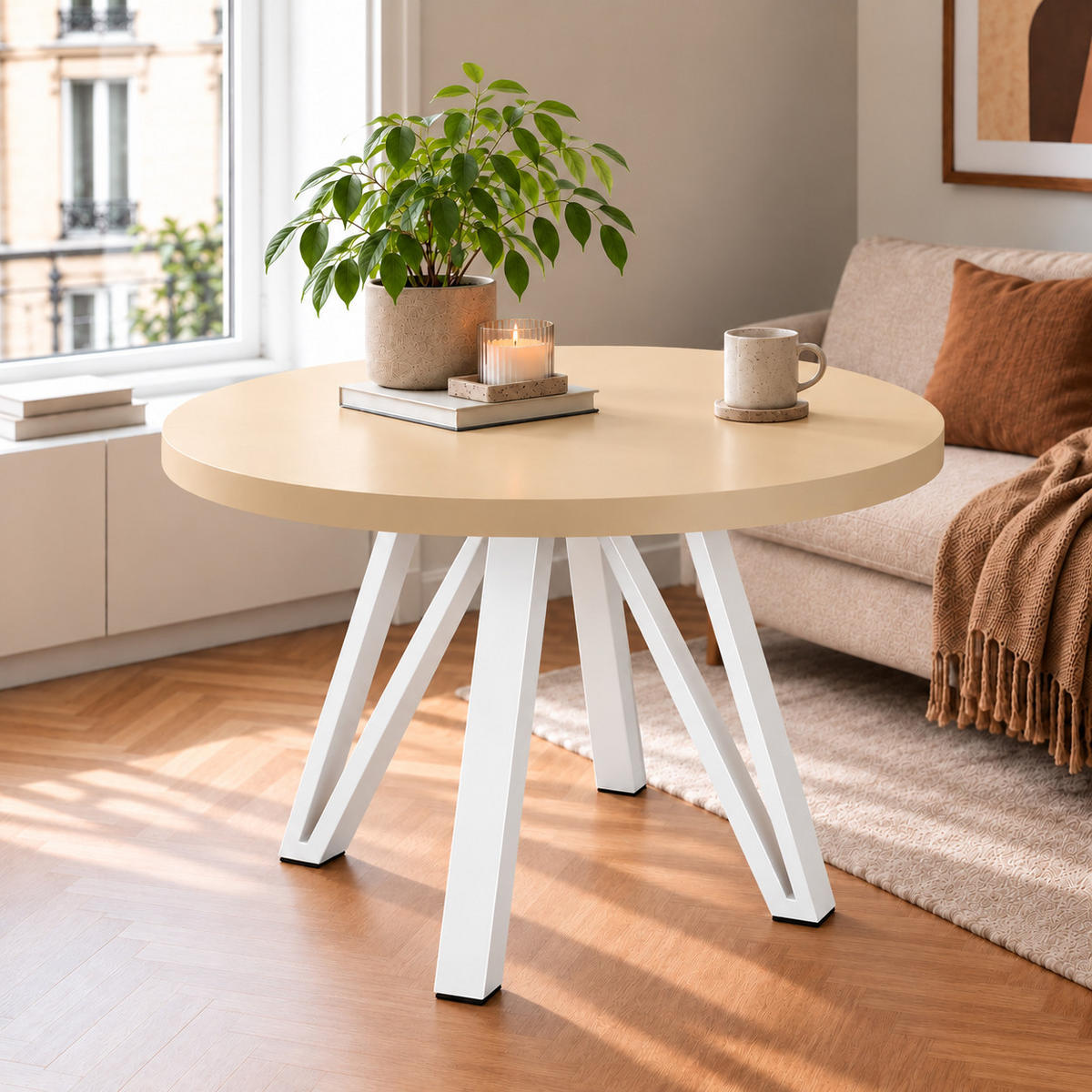 ESSTISCH rund ausziehbar 100/300/76 cm, Kaschmir, 54 cm Tischplatte + Industrial Metallgestell Weiß - Kaschmir/Weiß, Holzwerkstoff/Metall (100/300/76cm) - Damale Möbel