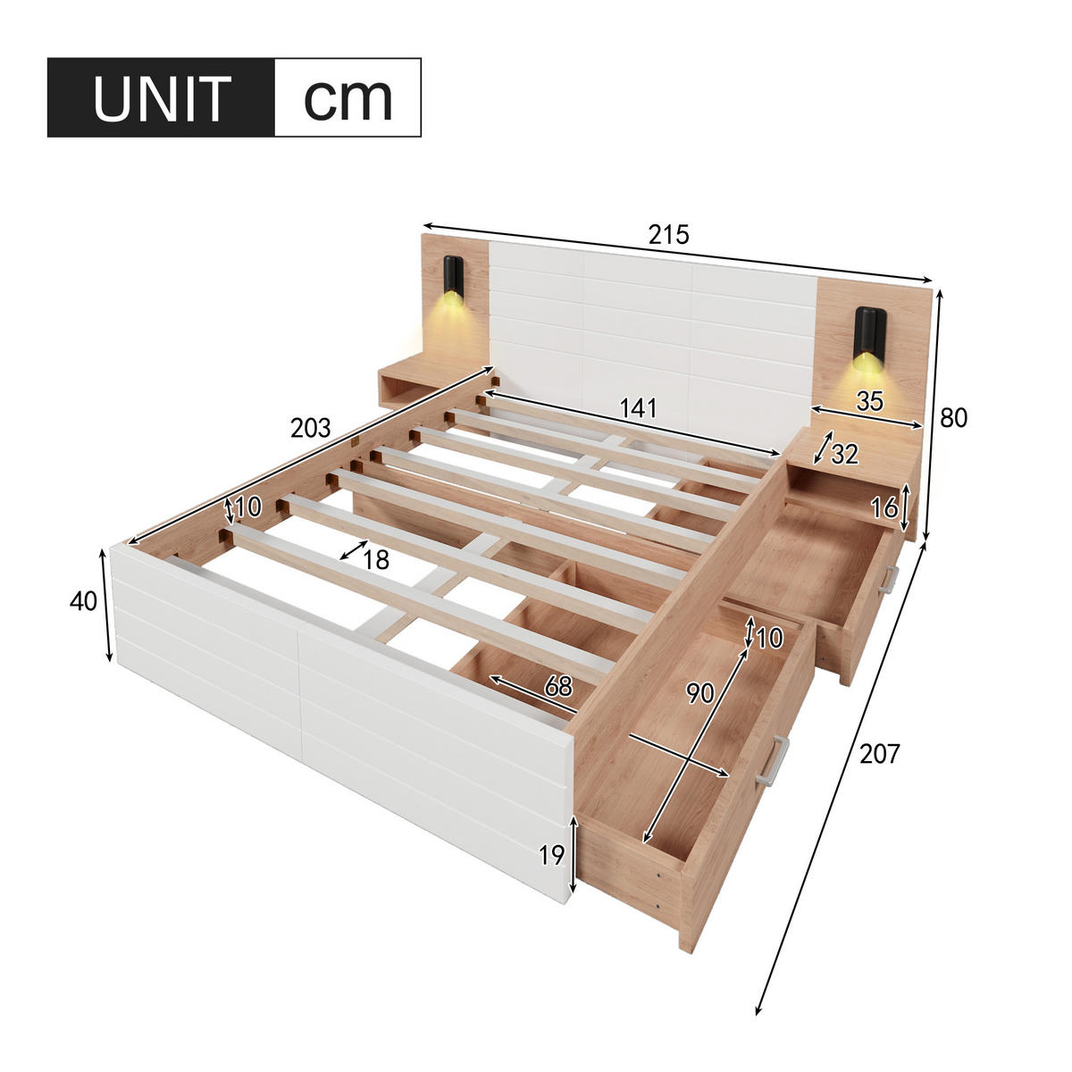 BETT mit USB und Leselicht 140x200 cm Weiß/Eiche mit 2 Nachttischen - Weiß, Holz (140/200cm) - Meubliv