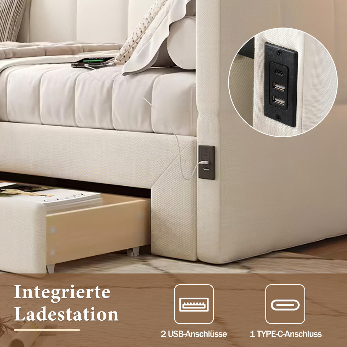 POLSTERBETT 90/190 cm beige aus Leinen mit Ausziehfunktion und USB-Anschluss - Weiß, Textil (90/190cm) - OKWISH