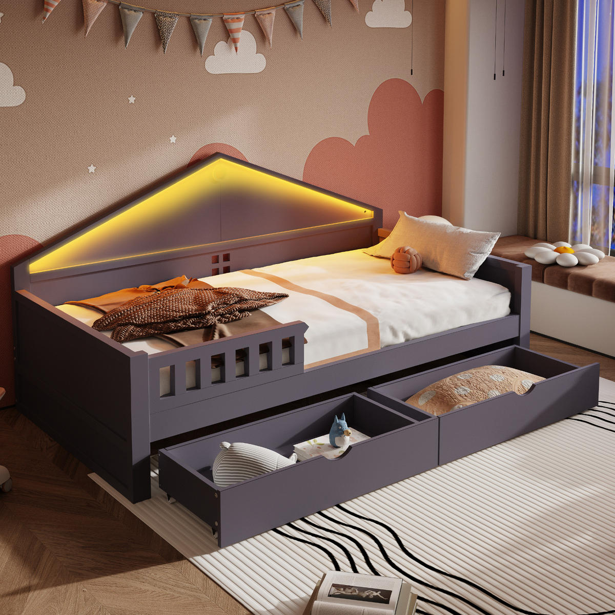 KINDEREINZELBETTEN aus Holz und MDF 90x200 cm in Grau mit LED & 2 Schubladen - Grau, Holz (90/200cm) - Modfu