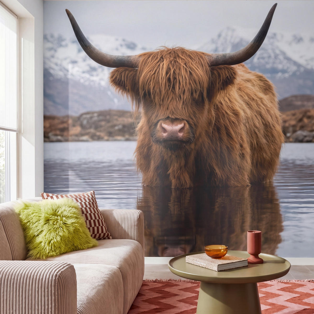 TAPETE - Schottischer Hochländer - Braun - Wasser - 280x280 cm - Braun, Papier (280/280cm) - OnlyWow