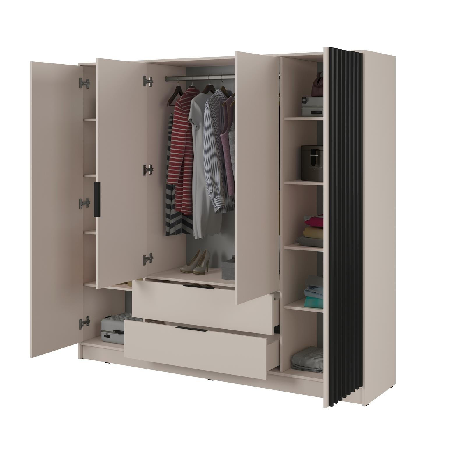 KLEIDERSCHRANK Nelly Kaschmir, viertürig mit Schwarz Lamellen - Kaschmir/Schwarz, Holzwerkstoff (206/200/51cm) - Bettso