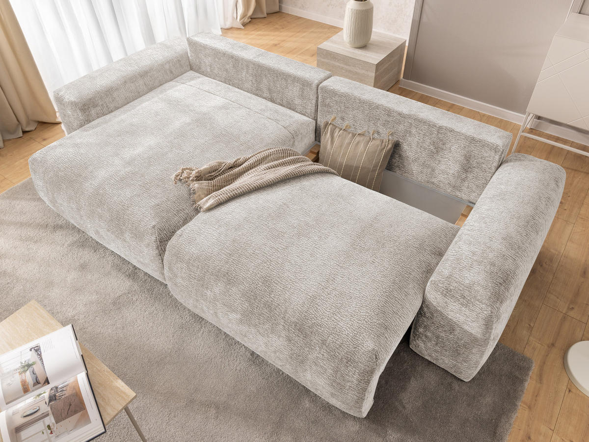 ECKSOFA Puffy mit Schlaffunktion und Bettkasten - besonders weich und puffig aus Beige Stoff mit Chenillestruktur - Ottomane links - Beige/Schwarz, Holz/Kunststoff (138/266cm) - S-Style Möbel
