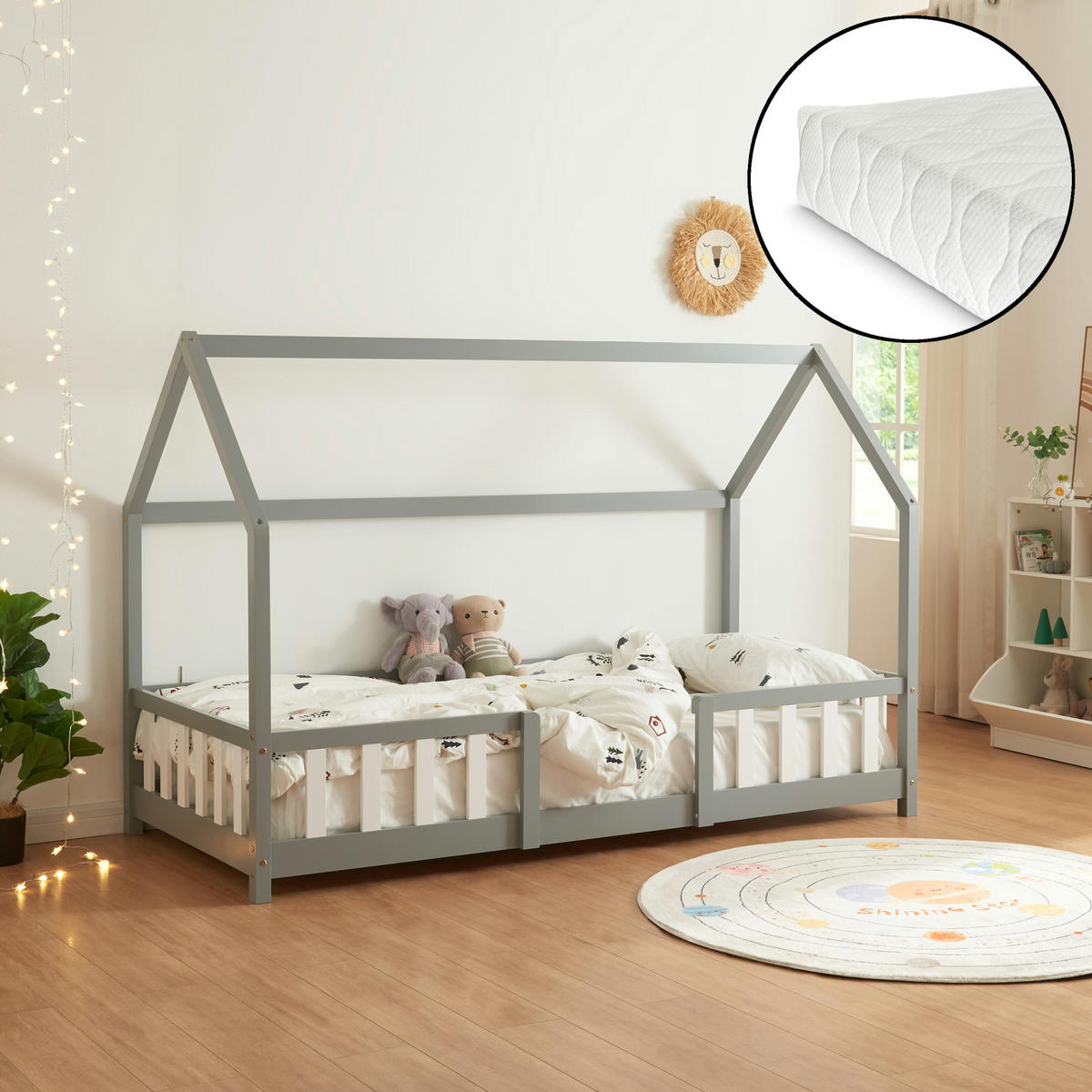 HAUSBETT Sisimiut mit Matratze - Hellgrau/Weiß, Holz/Textil (90/200cm) - [en.casa]