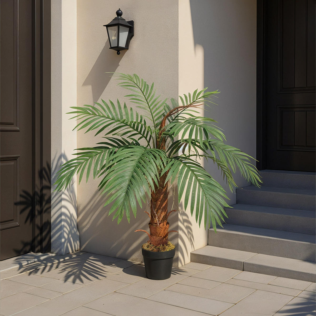 TOPFPFLANZE Palme 100 cm aus Kunststoff für Wohnraumdekoration Künstlich naturgetreu pflegefrei, mit Kunststofftopf Stabil - Schwarz/Braun, Kunststoff (100cm) - Livingandhome