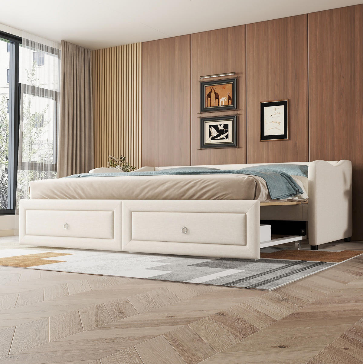 POLSTERBETT aus Leinen 90x200 cm in Beige mit Ausziehbett & 2 Schubladen - Beige, Textil (90/200cm) - Modfu